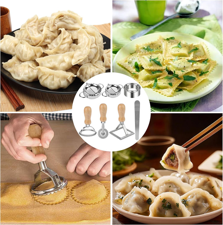 8 Stück Ravioli Former Set, Edelstahl Dumpling, Mit Ravioli Maker Ausstecher und Teigrädchen Teigtas