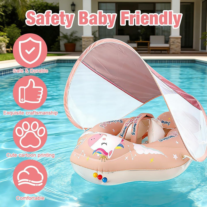 Baby Schwimmring mit Sonnendach Entfernbar, Baby Float, Rosa Baby Schwimmhilfe mit Schwimmsitz, Aufb