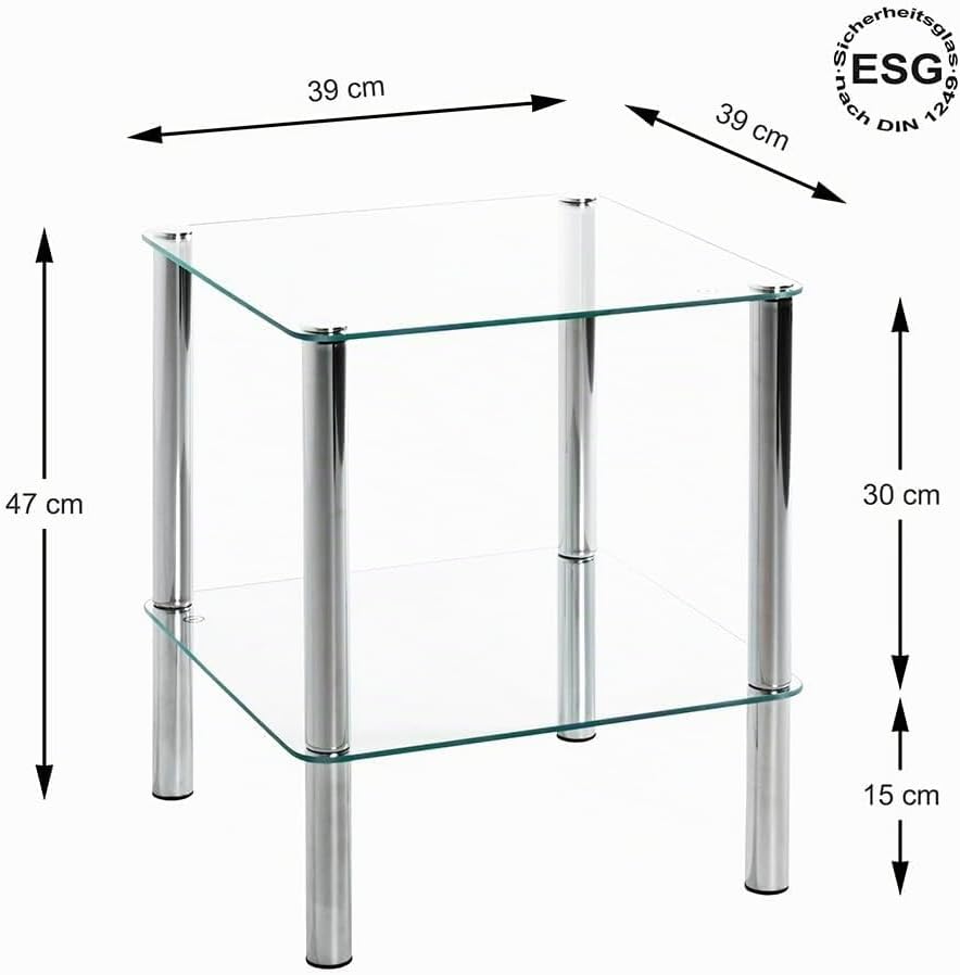 Haku-Möbel Beistelltisch eckig - verchromtes Stahlrohr 2 Ablagen Sichterheitsglas H 47 cm,