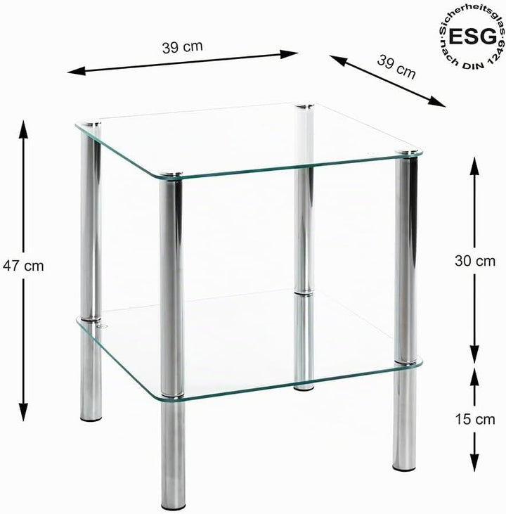 Haku-Möbel Beistelltisch eckig - verchromtes Stahlrohr 2 Ablagen Sichterheitsglas H 47 cm,