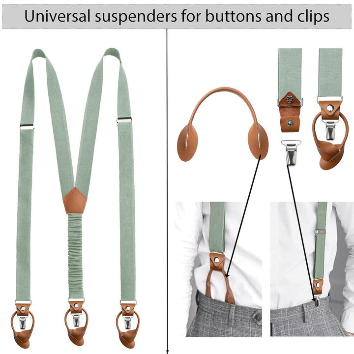 Leinen Accessoires: Fliege mit Leder, Hosenträger mit Leder, Einstecktuch, Manschettenknöpfe für Her