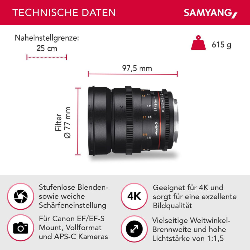 Samyang 24/1,5 Objektiv Video DSLR II Canon EF manueller Fokus Videoobjektiv 0,8 Zahnkranz Gear, Wei