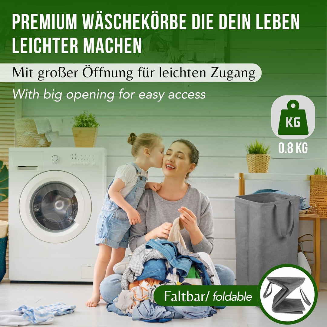 Wäschesammler 100 Liter Grau Faltbarer Wäschekorb Organizer mit erweitertem Griff, Wäschebox Aufbewa