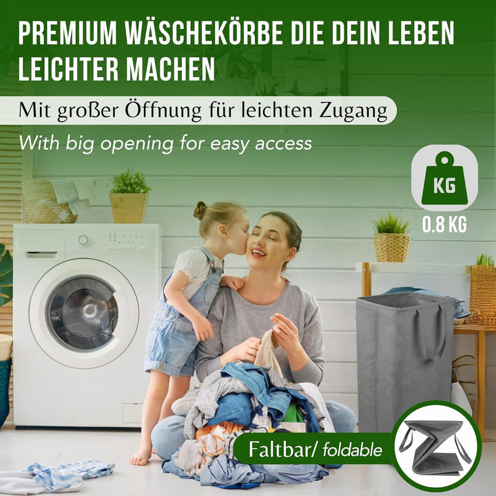 Wäschesammler 100 Liter Grau Faltbarer Wäschekorb Organizer mit erweitertem Griff, Wäschebox Aufbewa