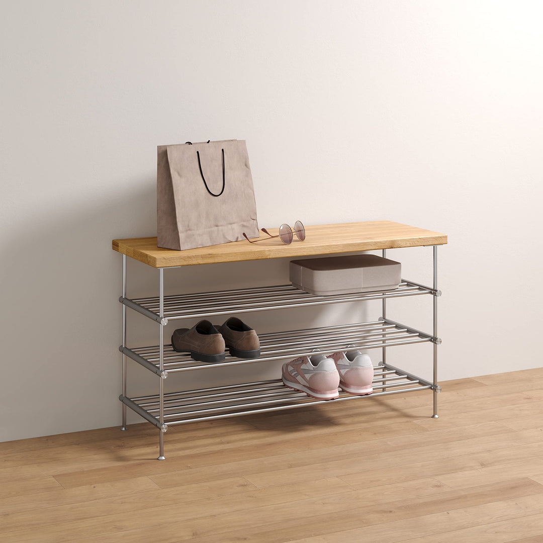PHOS Design, SB600-3-Eiche, 60 cm Schuhbank mit massiver Eichenholz-Sitzfläche und 3 Edelstahl-Schuh