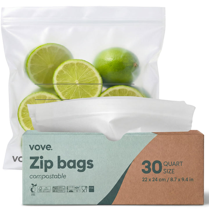 Vove kompostierbare Gefrierbeutel mit luftdichtem Zip-Verschluss, 1 L, 30 Stück - PFAS-frei, BPI-zer