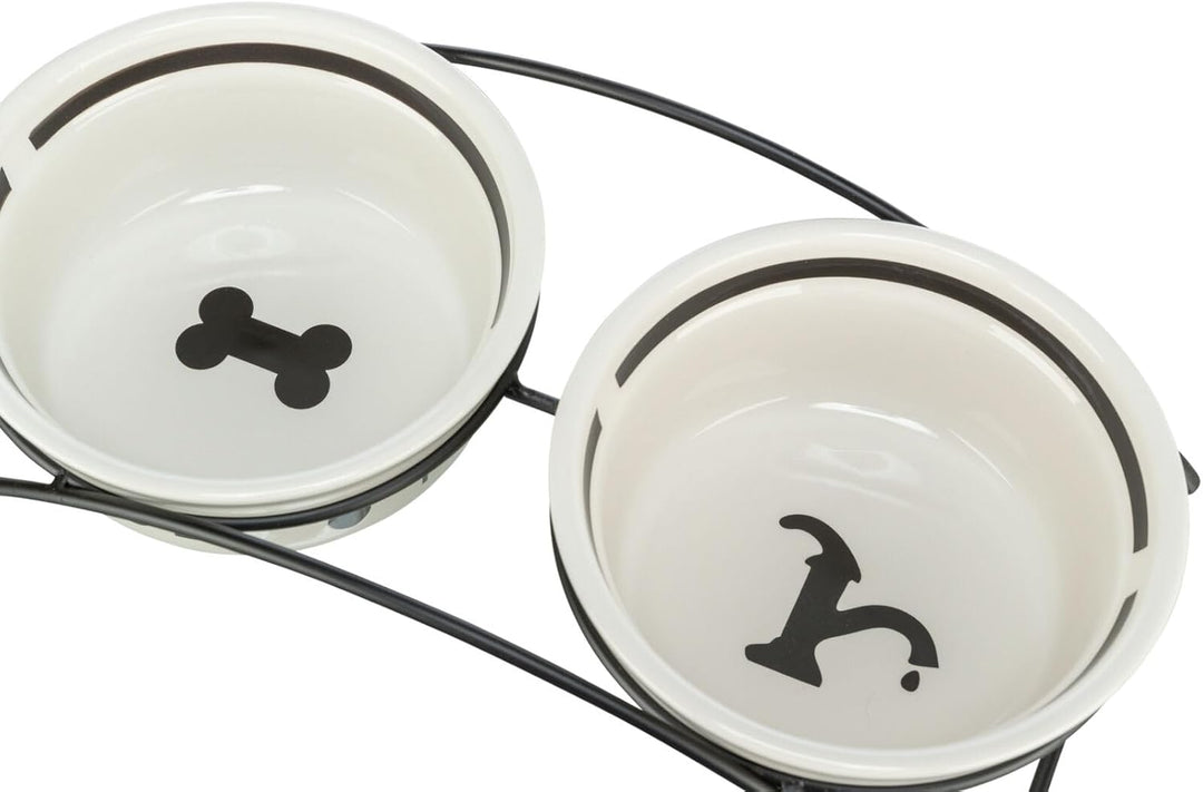Napf-Set, Keramik/Metall, 2 × 0,25 l/ø 13 cm/27 × 7 × 14 cm, weiss/schwarz, 2 × 0,25 l/ø 13 cm