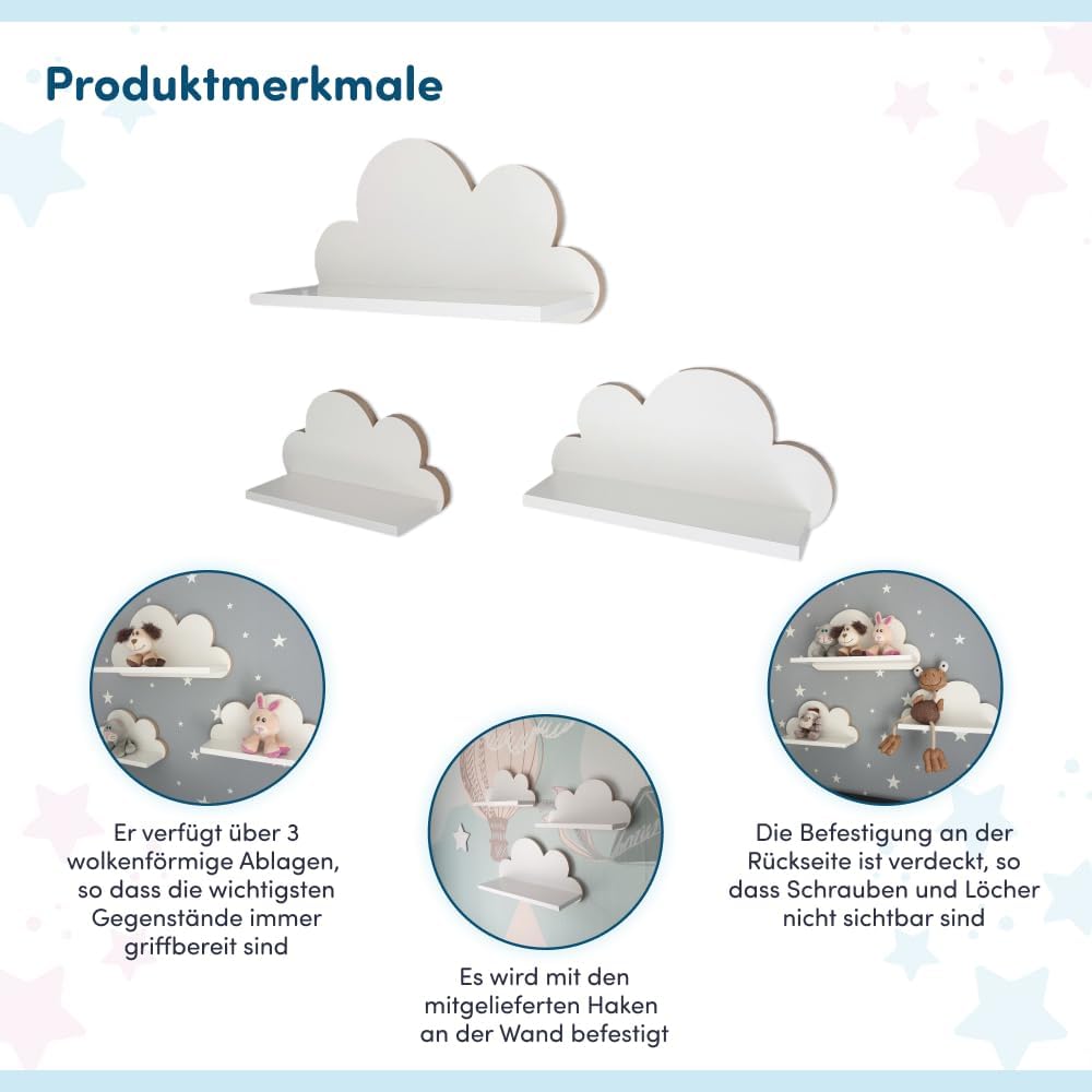 3er Set Wandregal Kinderzimmer Weiss | Babyzimmer Wolkenregal für Bücher, Spielzeug, Dekoration | Re