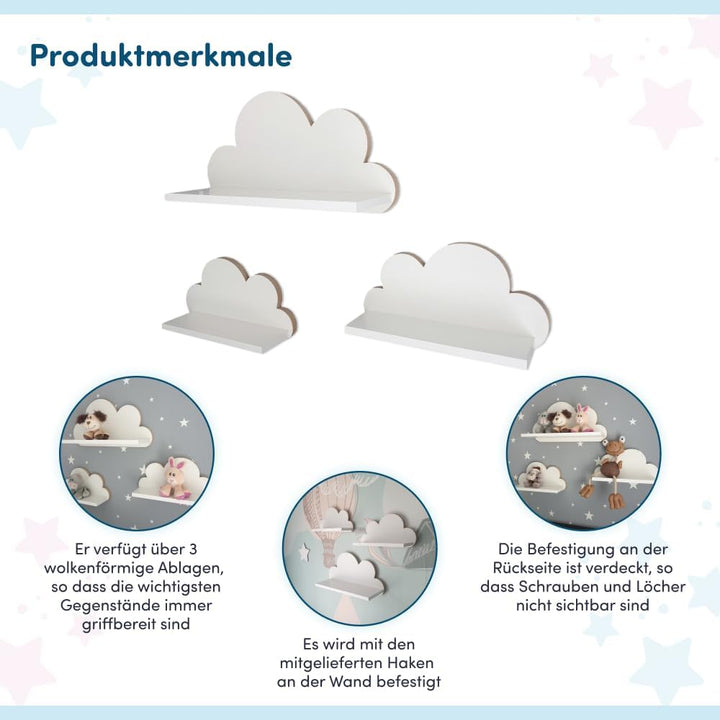 3er Set Wandregal Kinderzimmer Weiss | Babyzimmer Wolkenregal für Bücher, Spielzeug, Dekoration | Re