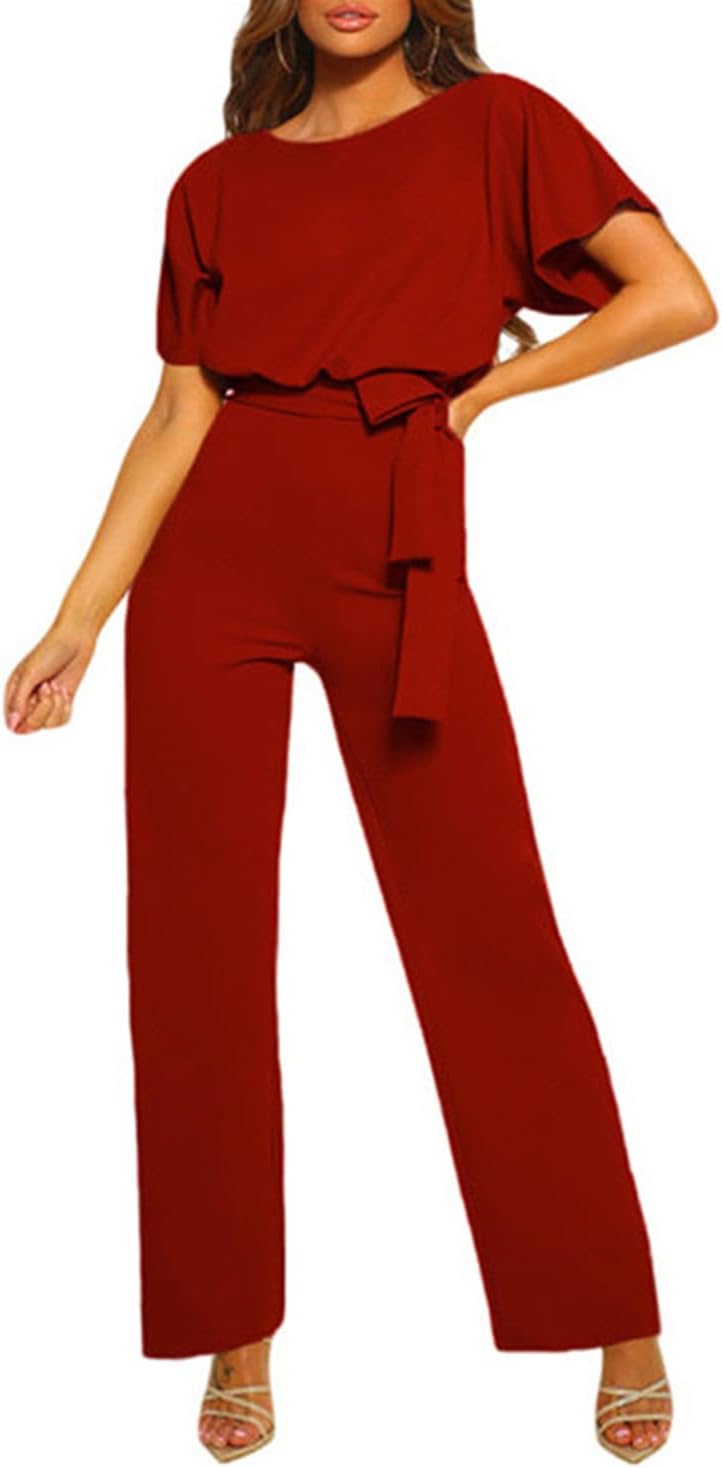 Coloody Damen Lang Jumpsuit Elegant Sommer Kurzarm V-Ausschnitt Overall Hosenanzug Romper Weites Bei