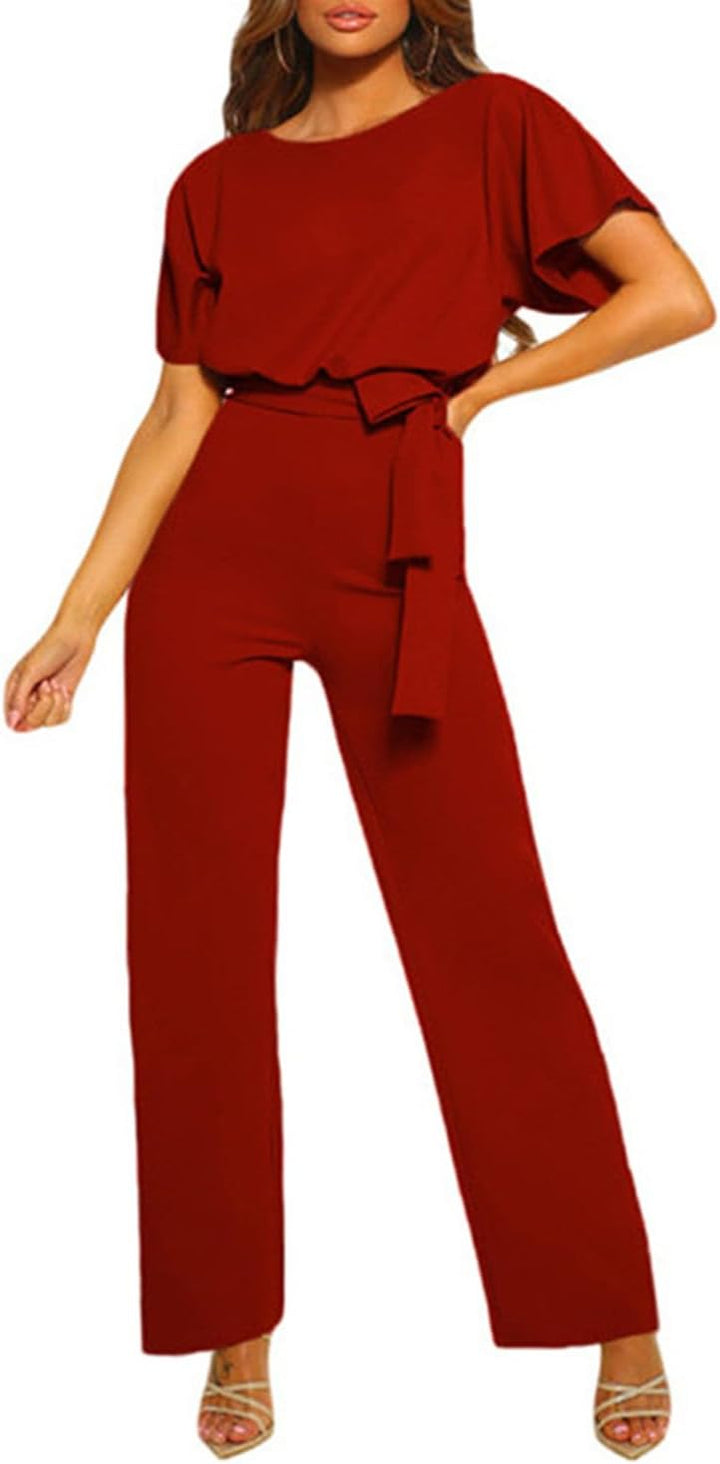 Coloody Damen Lang Jumpsuit Elegant Sommer Kurzarm V-Ausschnitt Overall Hosenanzug Romper Weites Bei