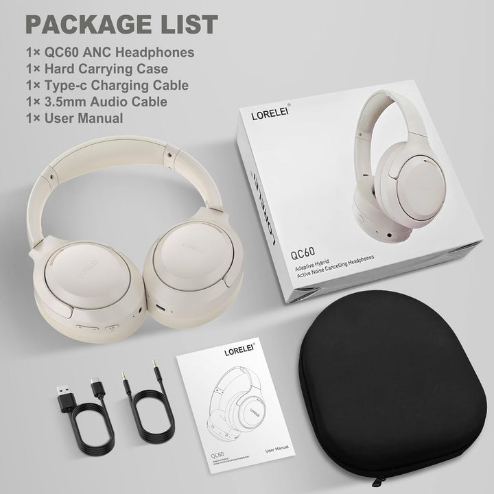LORELEI QC60 Hybrid Active Noise Cancenlling Headphones,Wireless over ear Bluetooth Headsets with mi