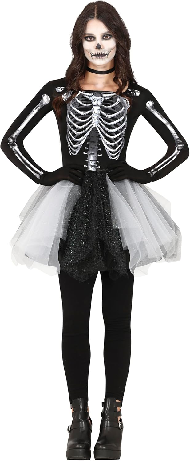 FIESTAS GUIRCA Skelett Lady Halloween Kostüm Damen – Kleid mit 3D Skelett Aufdruck und Schwarz Weiss
