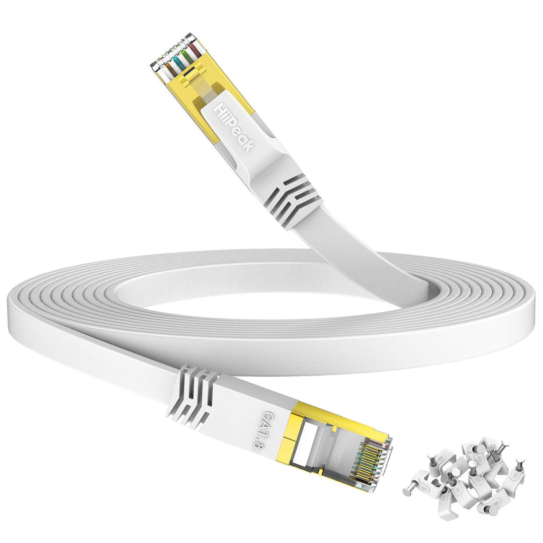 HiiPeak Cat 8 Netzwerkkabel 40 Gbits - 10m - Weisse Flache Ausgabe - LAN Kabel Patchkabel RJ45 - CAT