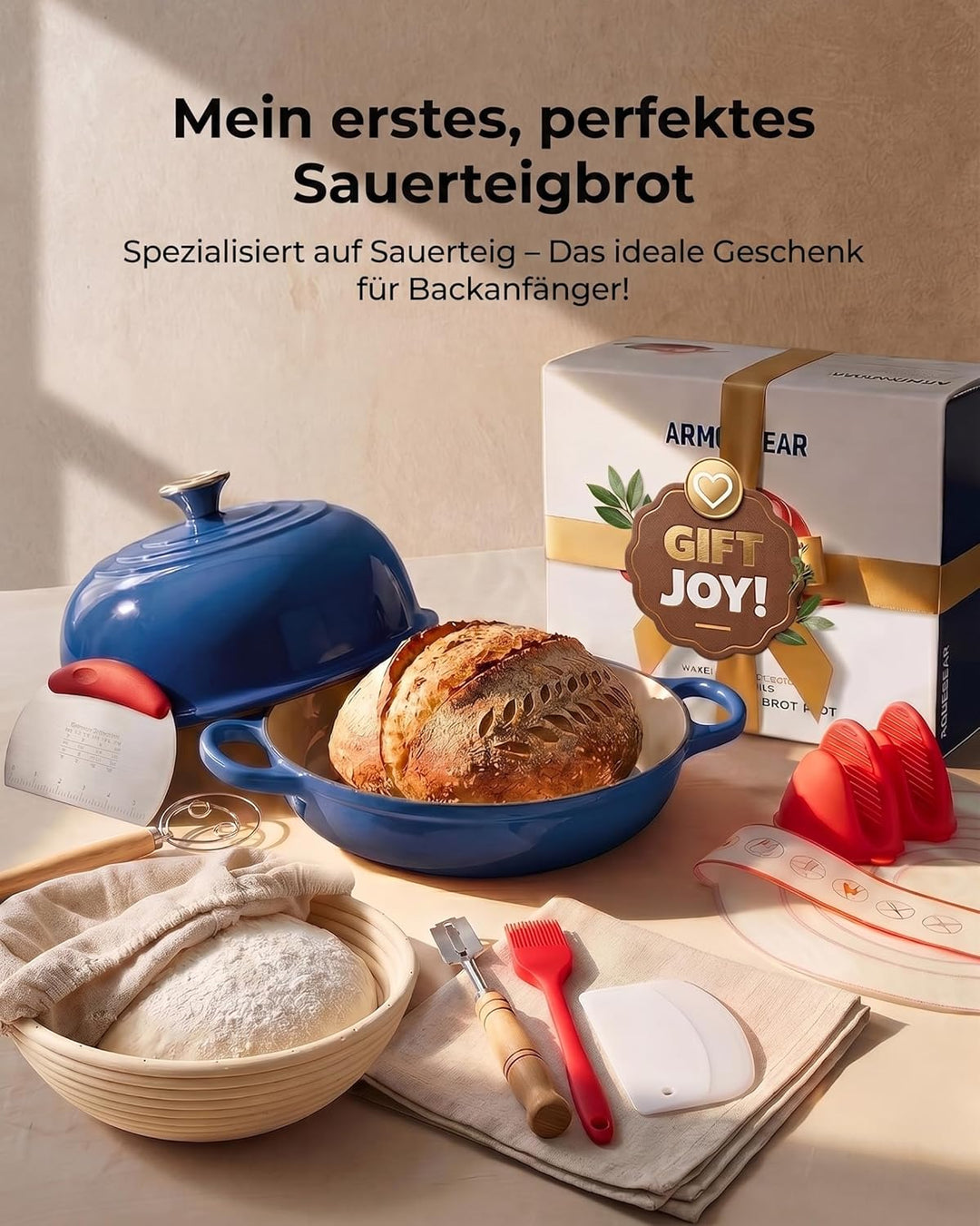 Armorbear Gusseisen Topf Brot Backen, 4,7L Bräter Emaille Schmortopf mit Deckel und Griffen, 24 cm D