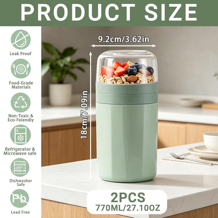 2 Stück Müslibecher mit Löffel, 3-Schicht-Design Auslaufsicher Müsli Becher mit Sossenbox, MüsliTogo