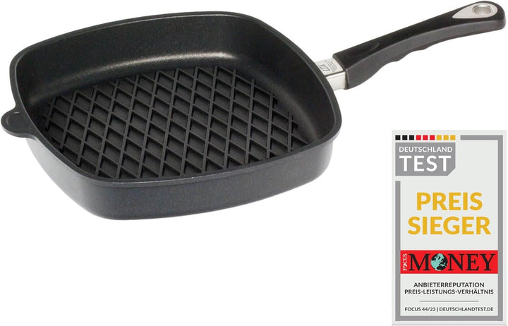 AMT Gastroguss Eckpfanne 28 x 28 cm, 5 cm hoch, mit BBQ-Boden, fester Stiel, induktionsgeeignet, Lot