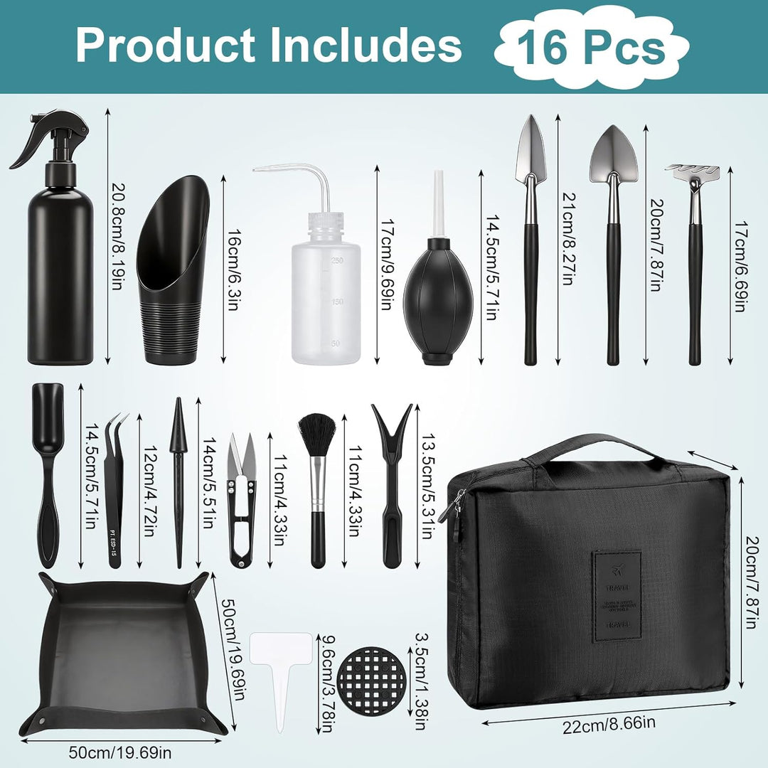 Bonsai Werkzeug Set 17 Stück mit wasserdichte Umtopfmatte & Aufbewahrungstasche, Mini Gartengeräte G