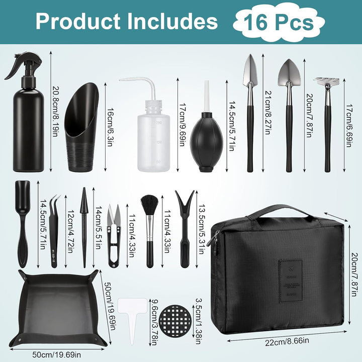 Bonsai Werkzeug Set 17 Stück mit wasserdichte Umtopfmatte & Aufbewahrungstasche, Mini Gartengeräte G