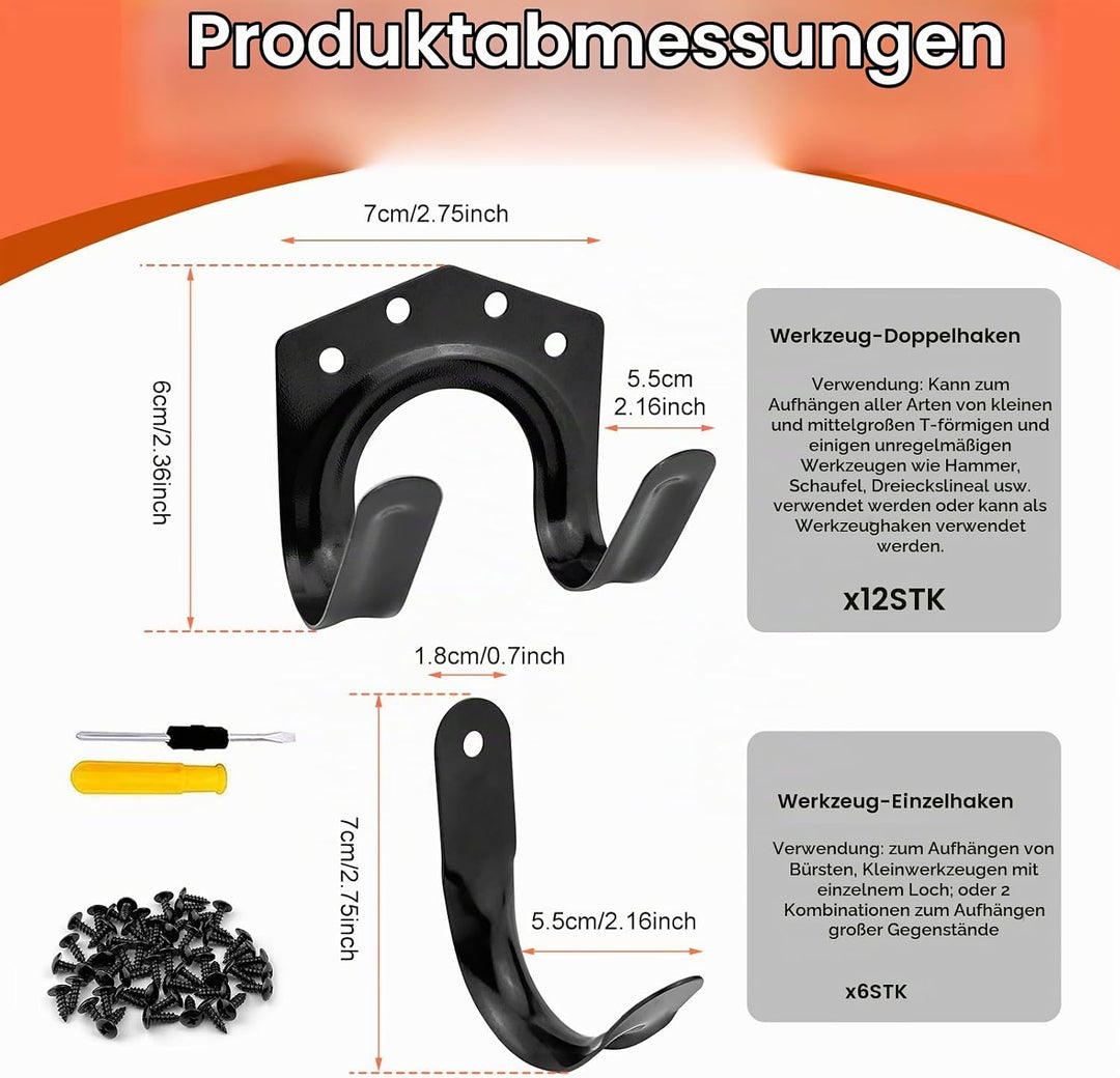 18 Stk Gartengerätehalter Haken, Einzelhaken/Doppelhaken Gerätehalter für Garage, Garten, Fahrradsch