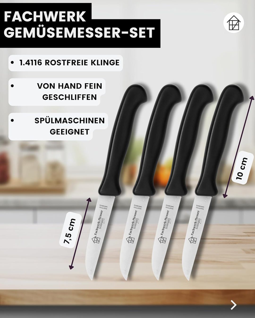 Fachwerk-Messer Küchenmesser 4er Set Gemüsemesser Solingen 7,5 cm Klingenlänge Schälmesser Qualität