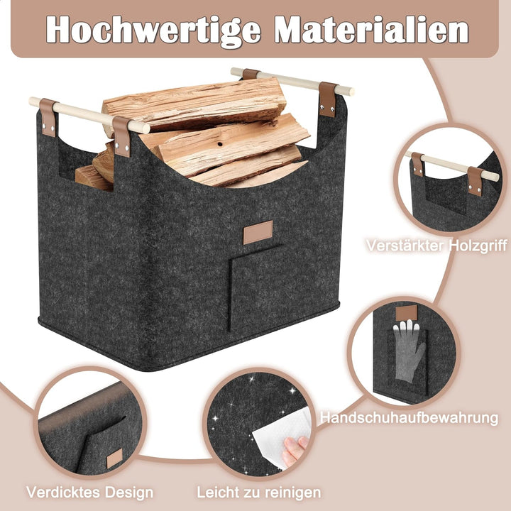 HENGMEI Brennholzkorb Filzkorb 4 Stück Holzkorb Kaminholz Filztaschen Extradickem Kaminholzkorb mit