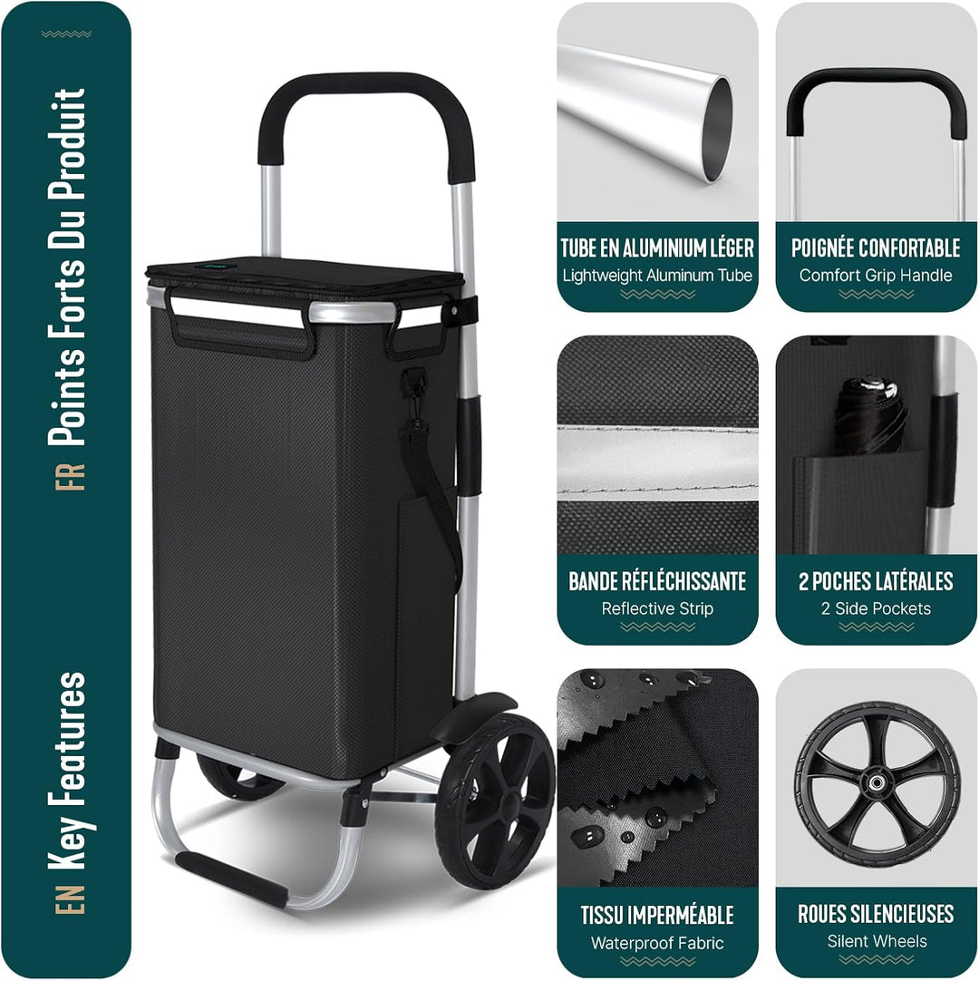 VOUNOT® Einkaufstrolley Klappbar aus Aluminium mit 58L Wasserdichter Tasche und Kühlfach, 2 Extra gr