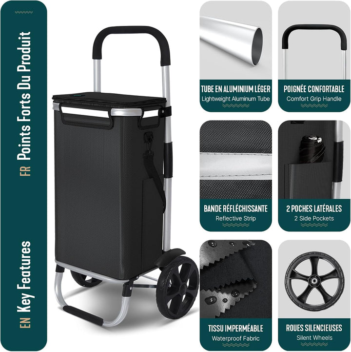 VOUNOT® Einkaufstrolley Klappbar aus Aluminium mit 58L Wasserdichter Tasche und Kühlfach, 2 Extra gr