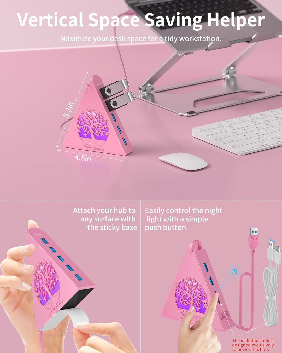 7-Port USB 3.0 Hub, RGB USB Hub mit RGB Baumlicht und 0,6m Kabel, USB Hub 3.0 Rosa USB Expander für