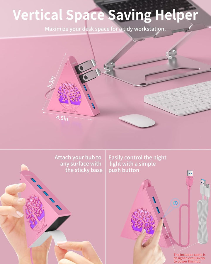 7-Port USB 3.0 Hub, RGB USB Hub mit RGB Baumlicht und 0,6m Kabel, USB Hub 3.0 Rosa USB Expander für