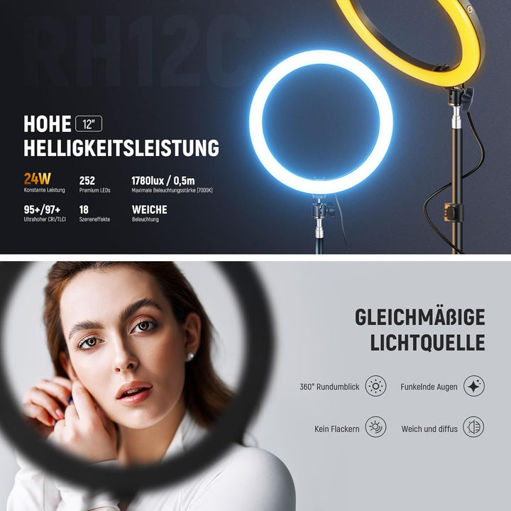 NEEWER RH12C 12" Ringlicht mit Stativ Kompatibel mit iPhone, 24W LED RGB Ring Light mit Handyhalter