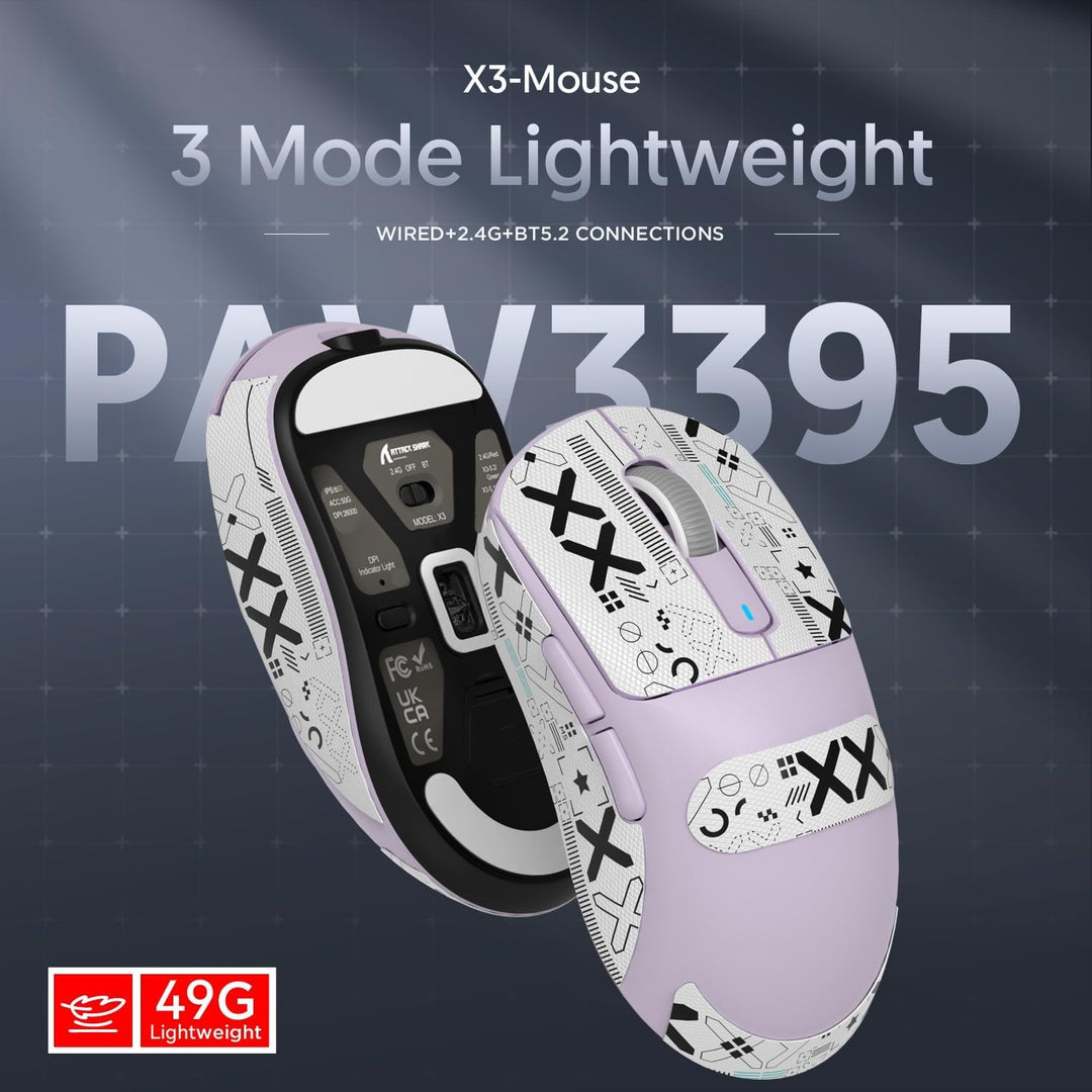 ATTACK SHARK X3 49g Superlight Maus mit Klebeband, PixArt PAW3395 Gaming-Sensor, BT/2,4G Kabellose/K