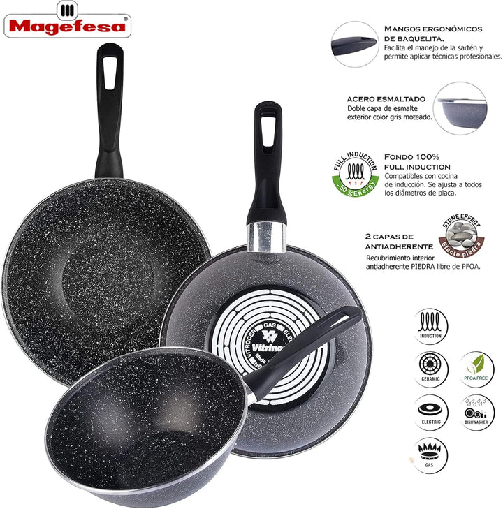 MAGEFESA 02108247 Wok Gransasso 28 cm, Emaillierter Stahl, Schwarz