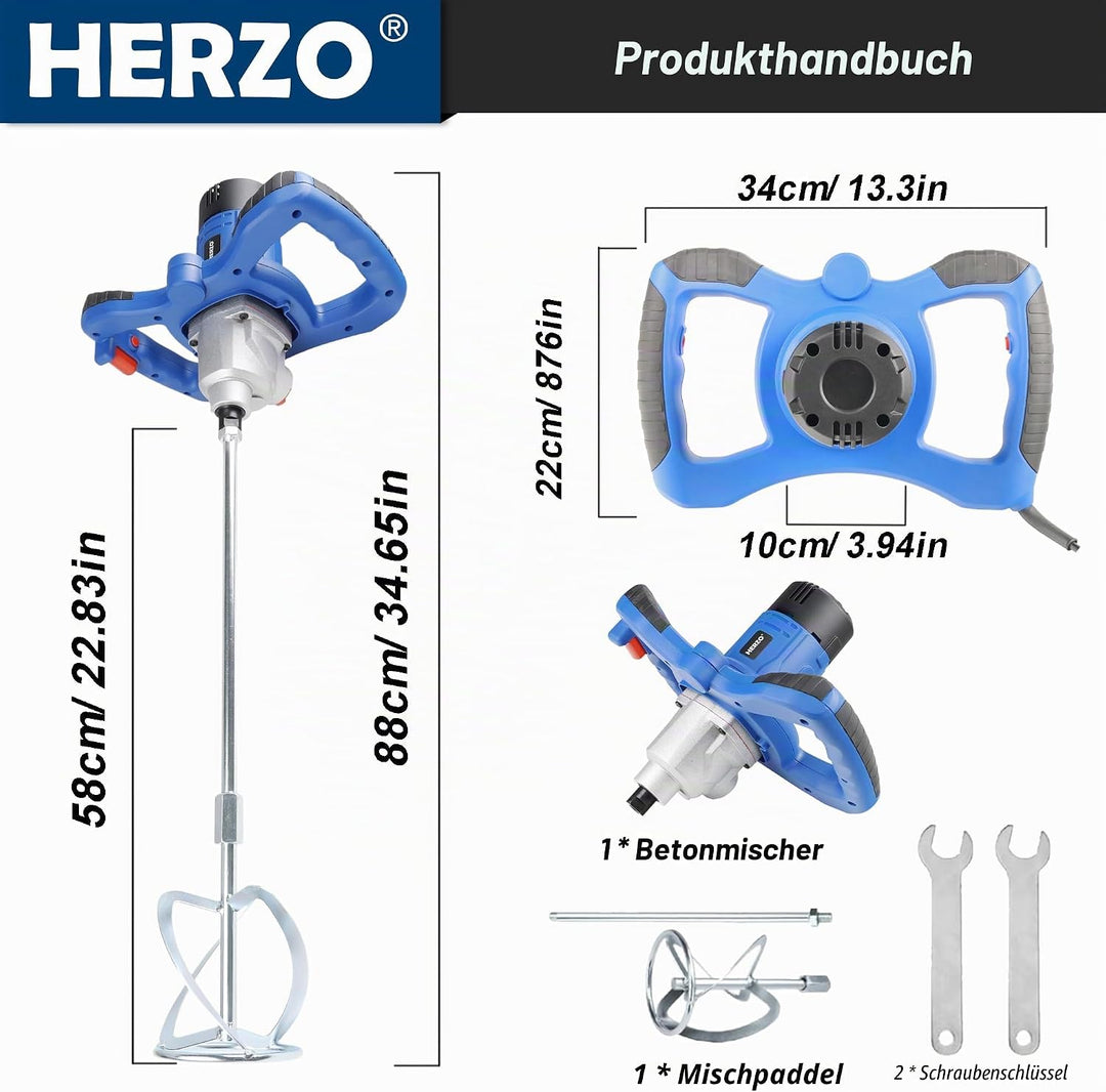 HERZO Rührwerk 1300W,Metallgetriebe,Rühreraufnahme M14, Rührer ø 120 mm für Mischgut Beton, Mörtel,