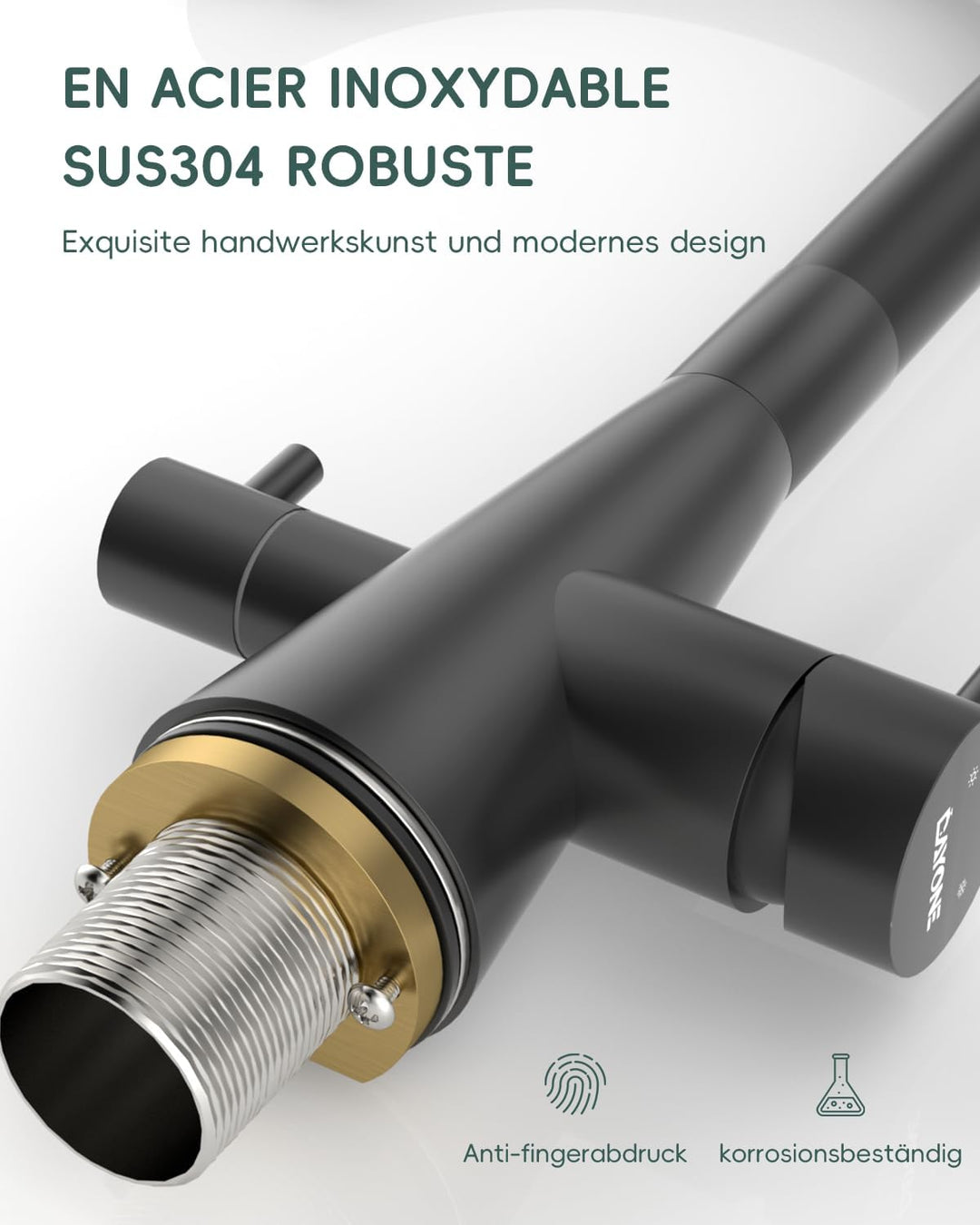 DAYONE 3 Wege Schwarz Wasserhahn Küche Flexibel, 3 in 1 Mischbatterie für Wasserfilter Osmose, 360°
