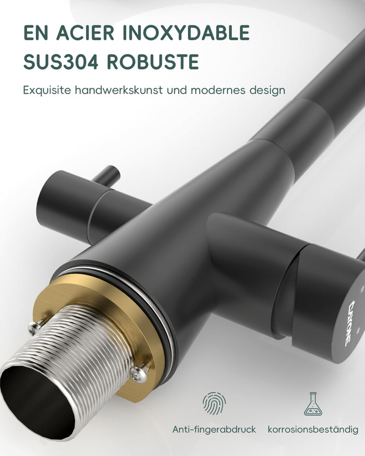DAYONE 3 Wege Schwarz Wasserhahn Küche Flexibel, 3 in 1 Mischbatterie für Wasserfilter Osmose, 360°