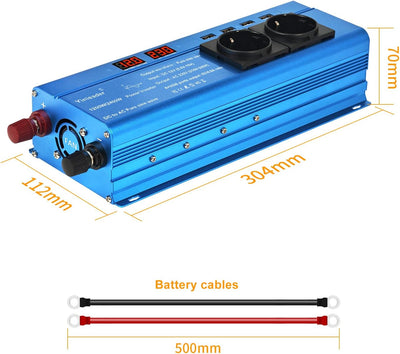 Yinleader Wechselrichter 12V 230V 1200W / 2400W Reiner Sinus-Spannungswandler 2 Steckdosen und 4 USB