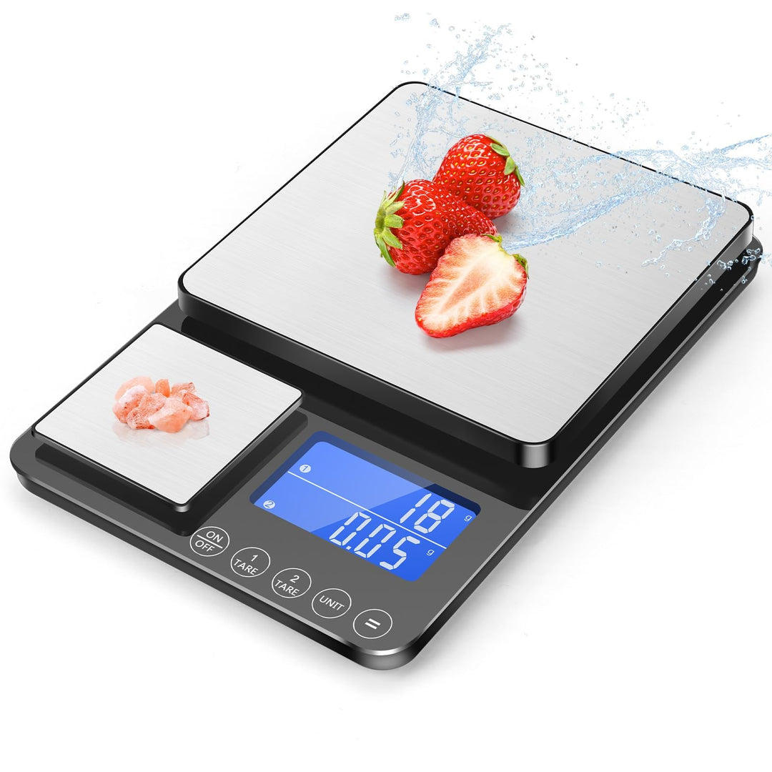 Digitale Küchenwaage mit Dualer Wiegefläche, 15kg/1g & 500g/0.01g Präzisionswaage, Tara & Summierung