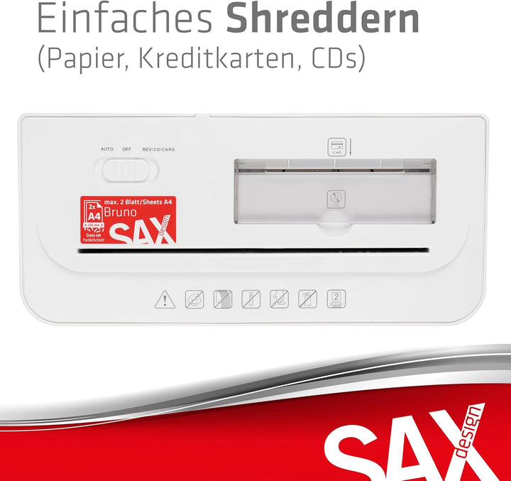 Sax Aktenvernichter Bruno – Partikelschnitt 3x18mm, Schreddert Papier, CDs & Karten, 220mm Zuführung