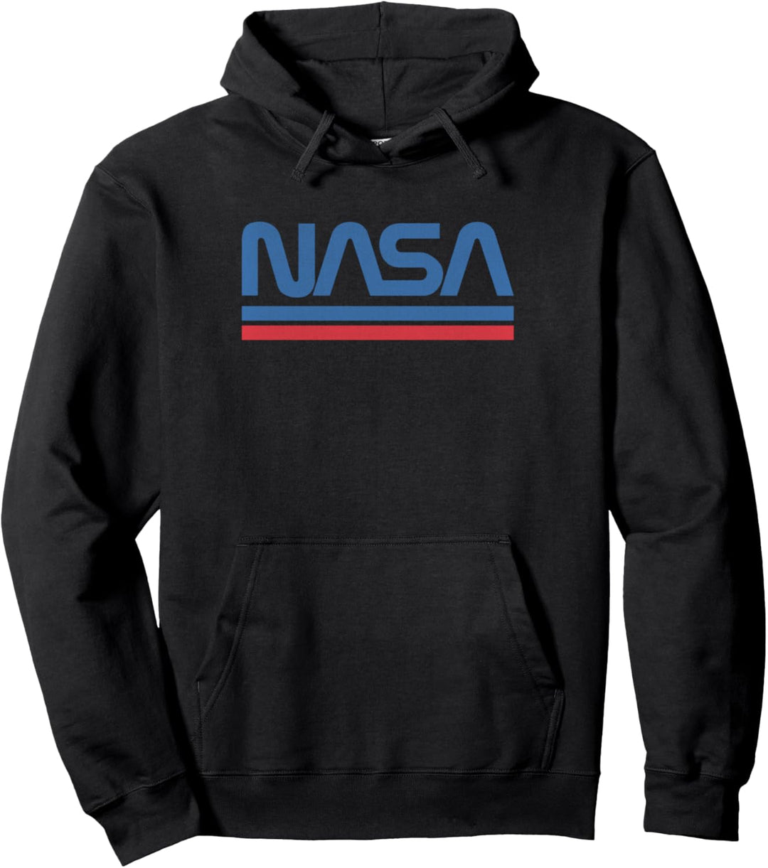 Trendy NASA Blue Text Logo With Stripes Pullover Hoodie