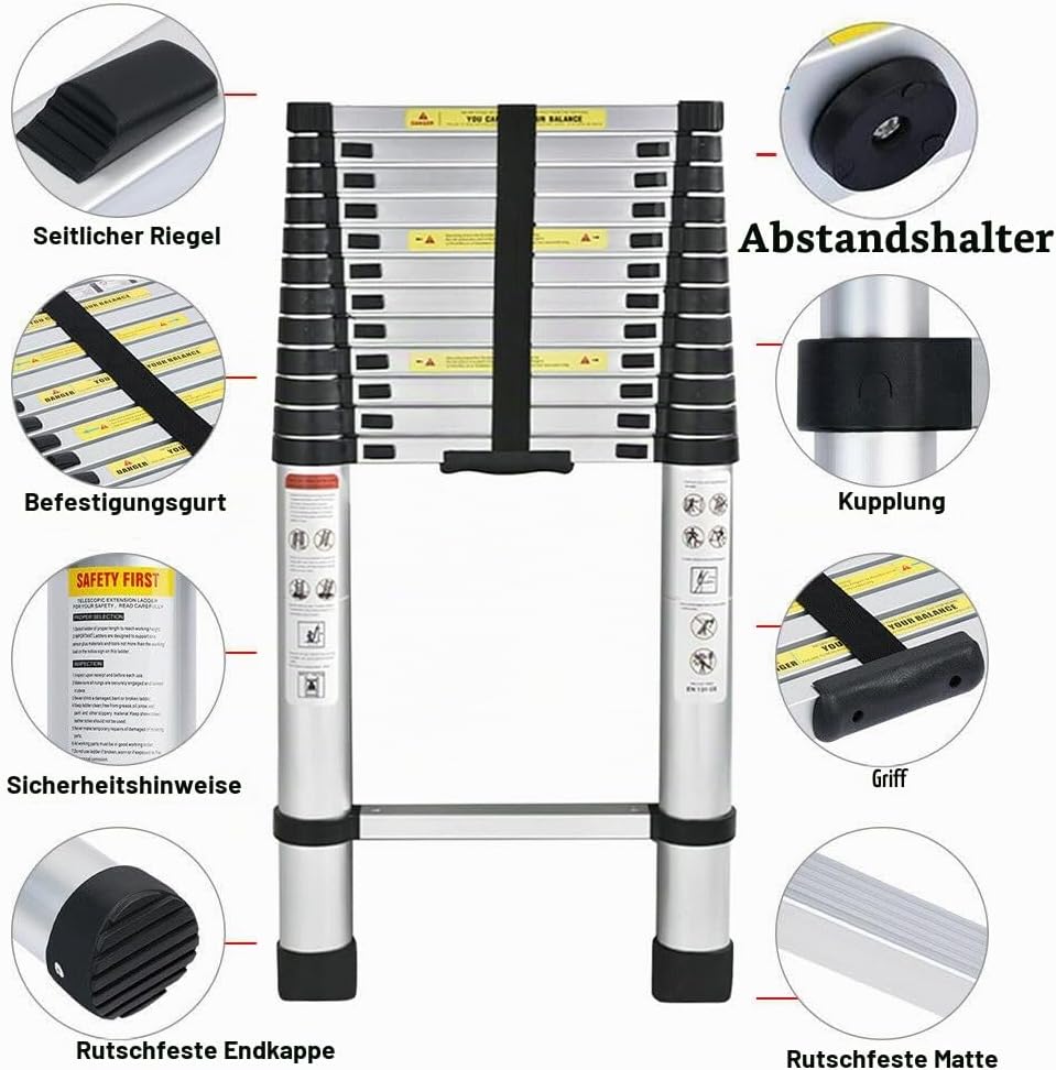 Klappbare Trittleiter, Teleskopleiter, Teleskopleiter, zusammenklappbar, aus Aluminium, maximale Bel