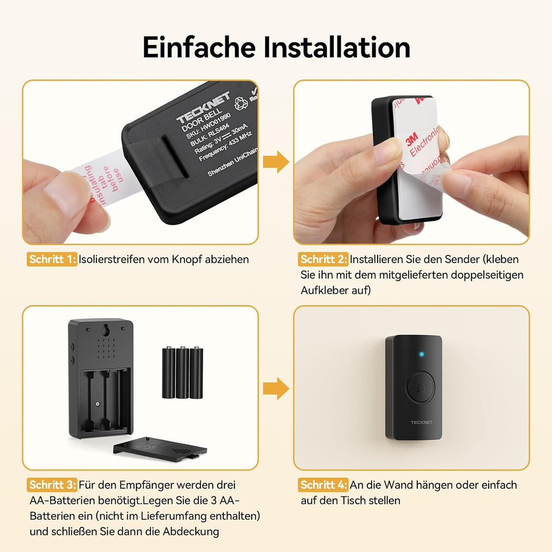 TECKNET Funkklingel,Funkklingel aussen wasserdicht IP65,Funk Klingel Kabellos 400m,Klingel Funk mit