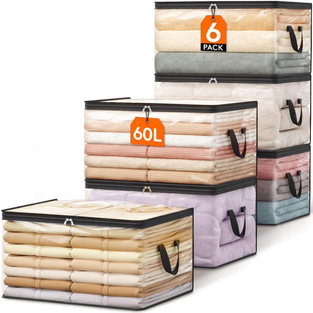 Lifewit 6er Pack Transparente Plastik Aufbewahrungstasche, 60L Kleiderschrank Organizer Aufbewahrung