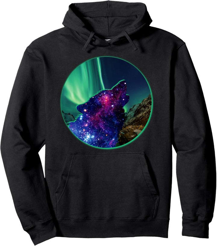 Northern Lights Aurora Borealis Alaska Nature Space Wolf Pullover Hoodie