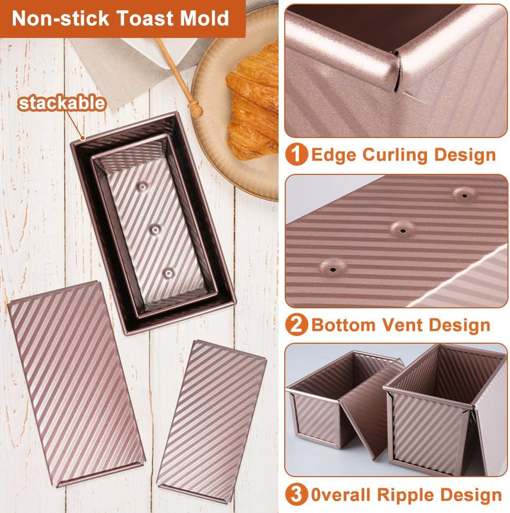 2 Stück Toastbrot Backform Mit Deckel 450g&230g Teig Antihaft Kastenform Mit Deckel,Roségold Wellen