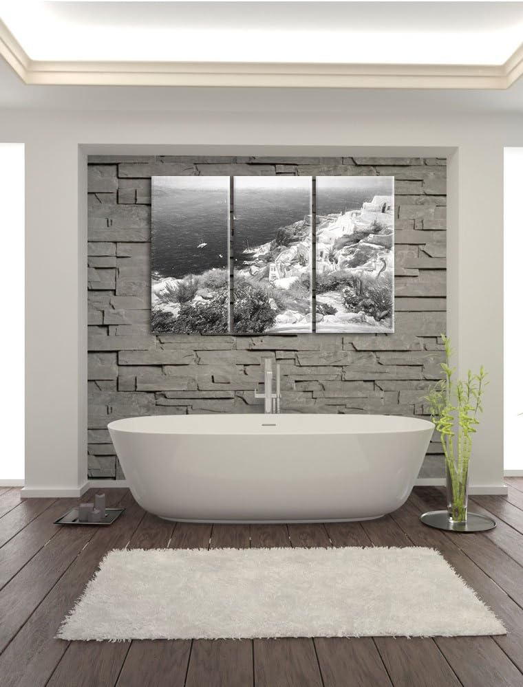 Pixxprint Griechische Küste Kohle Zeichnung Effekt 3-Teiler Leinwandbild 120x80 Bild auf Leinwand