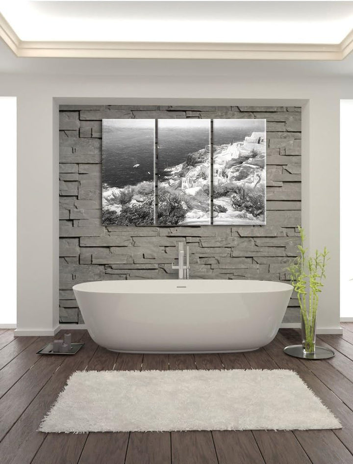 Pixxprint Griechische Küste Kohle Zeichnung Effekt 3-Teiler Leinwandbild 120x80 Bild auf Leinwand