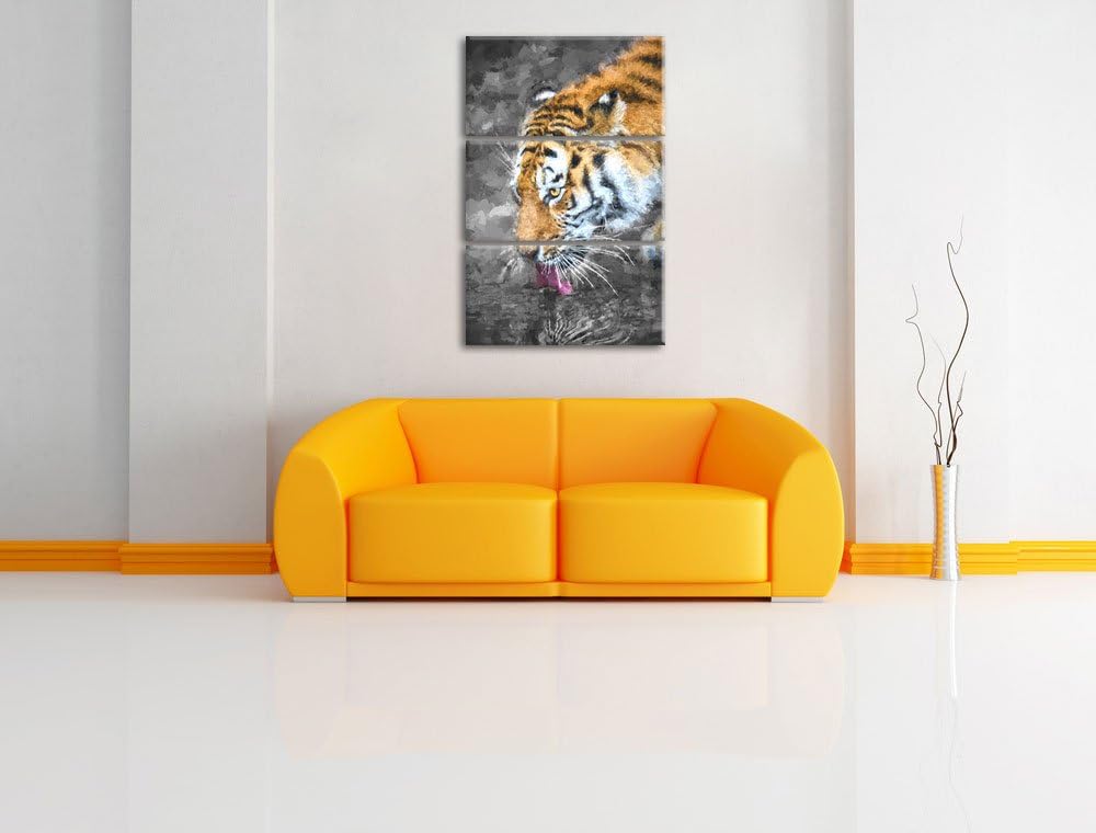 stolzer Tiger am Wasser schwarz/weiss Deluxe 3-Teiler Leinwandbild 120x80 Bild auf Leinwand, XXL rie