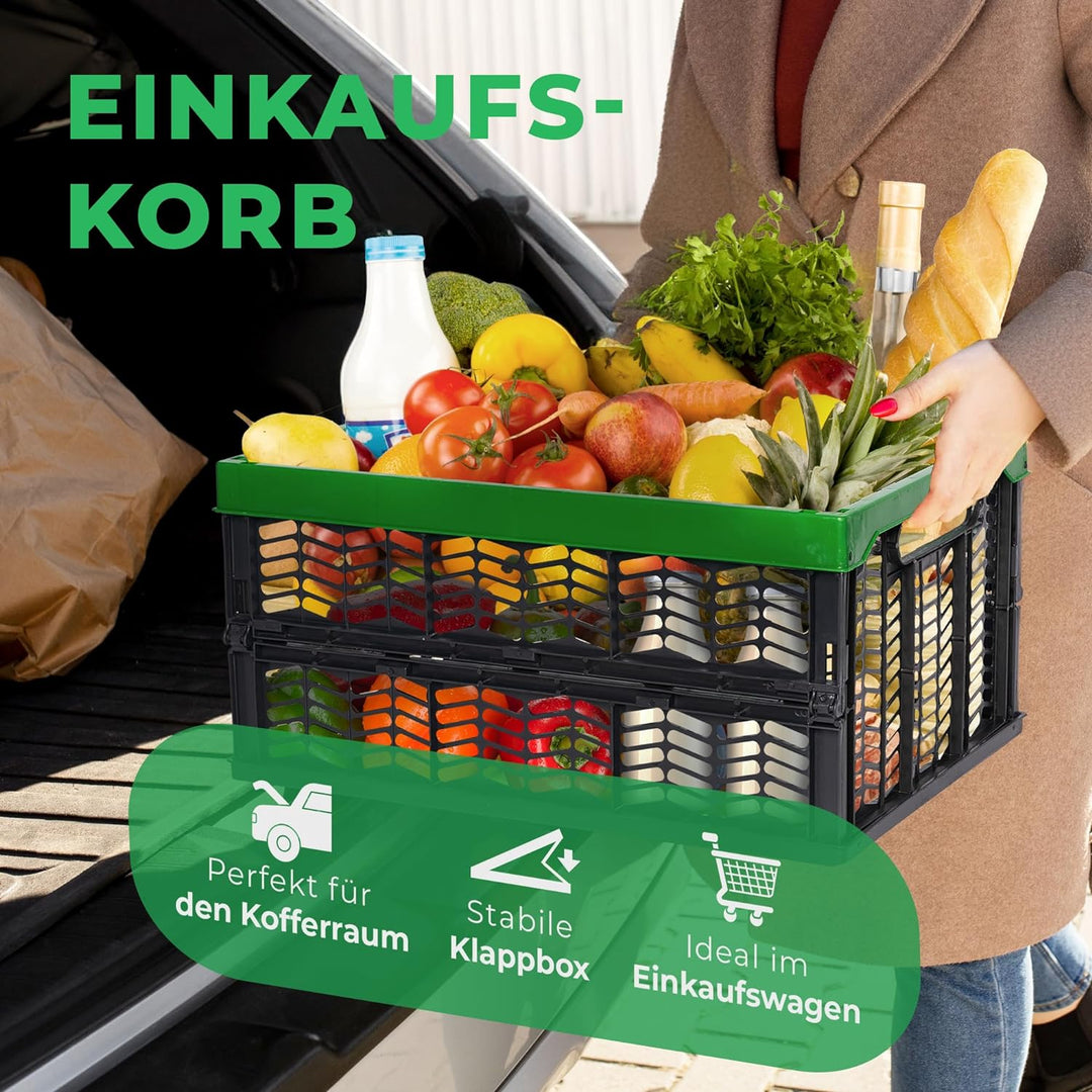 Novaliv Klappboxen faltbar stabil 8x 30L Grün Schwarz baskets Einkaufskiste Klappkisten Set Tragebox