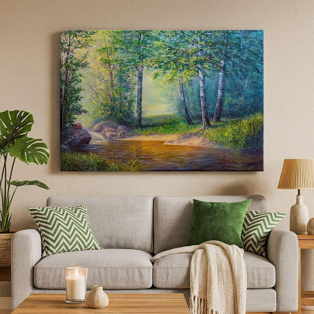 Bilder auf Leinwand 100x70cm Leinwandbild mit Rahmen Wiese Wasser Baum Gross Wanddeko Bild Schlafzim